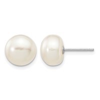 14K White Gold 8-9mm White Button Freshwater Cultured Pearl Stud Post Earrings view 1