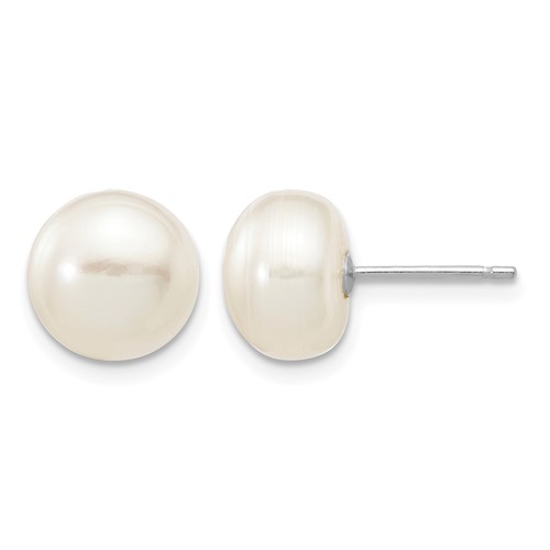 14K White Gold 8-9mm White Button Freshwater Cultured Pearl Stud Post Earrings