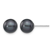 14K White Gold 8-9mm Black Round Freshwater Cultured Pearl Stud Post Earrings view 1