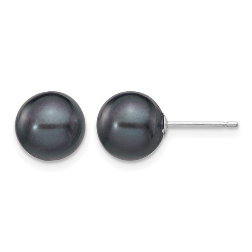14K White Gold 8-9mm Black Round Freshwater Cultured Pearl Stud Post Earrings