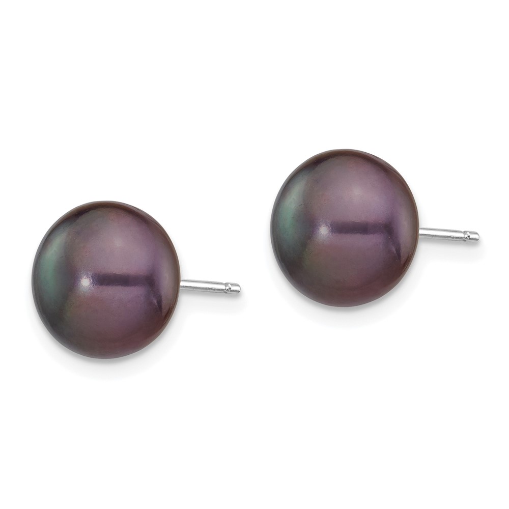 14k White Gold 9-10mm Black Button Freshwater Cultured Pearl Stud Post Earrings (XW90BB)