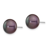 14K White Gold 9-10mm Black Button Freshwater Cultured Pearl Stud Post Earrings view 2