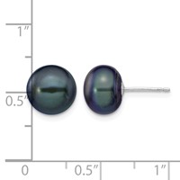 14K White Gold 9-10mm Black Button Freshwater Cultured Pearl Stud Post Earrings view 4