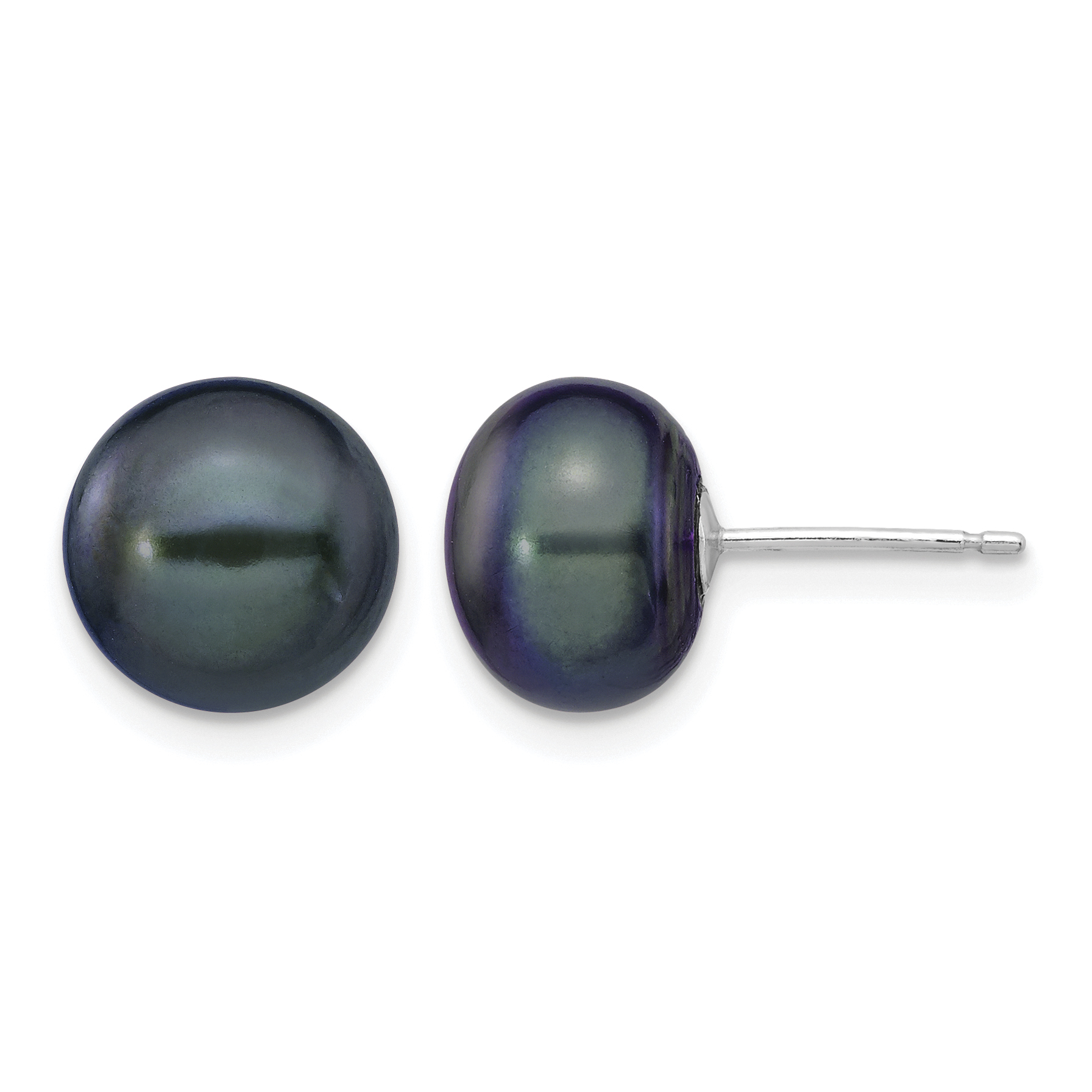 14k White Gold 9-10mm Black Button Freshwater Cultured Pearl Stud Post Earrings (XW90BB)