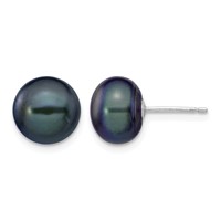 14K White Gold 9-10mm Black Button Freshwater Cultured Pearl Stud Post Earrings view 1