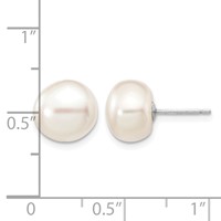 14K White Gold 9-10mm White Button Freshwater Cultured Pearl Stud Post Earrings view 4