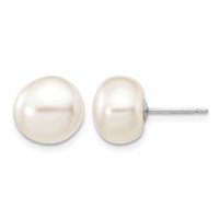 14K White Gold 9-10mm White Button Freshwater Cultured Pearl Stud Post Earrings view 1