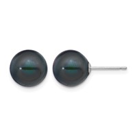 14K White Gold 9-10mm Black Round Freshwater Cultured Pearl Stud Post Earrings view 1