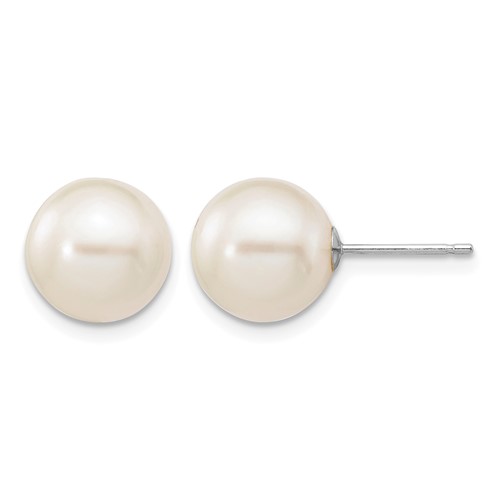 14K White Gold 9-10mm White Round Freshwater Cultured Pearl Stud Post Earrings