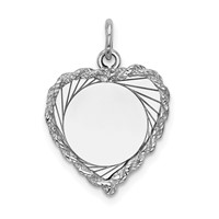 14K White Gold Etched Design Charm with Rope Edge.013 Gauge Engravable Heart 20x 16mm Disc view 1