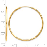 14K Yellow Gold 1.5x 38mm Polished Round Endless Tube Hoop Earrings view 4