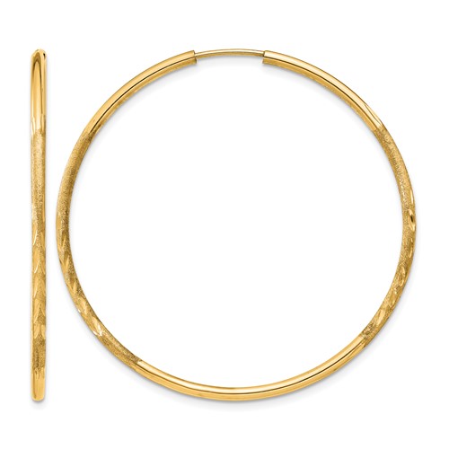 14K Yellow Gold 1.5x 40mm Satin Diamond-cut Endless Tube Hoop Earrings