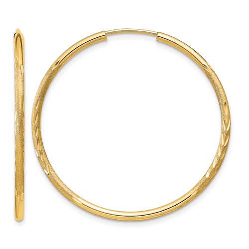 14K Yellow Gold 1.5x 30mm Satin Diamond-cut Endless Tube Hoop Earrings