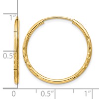 14K Yellow Gold 1.5x 20mm Satin Diamond-cut Endless Tube Hoop Earrings view 4