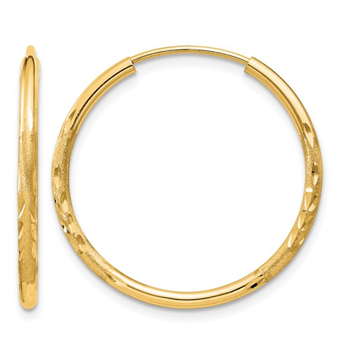 14K Yellow Gold 1.5x 20mm Satin Diamond-cut Endless Tube Hoop Earrings