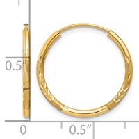 14K Yellow Gold 1.5x 17mm Satin Diamond-cut Endless Tube Hoop Earrings view 4