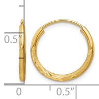 14K Yellow Gold 1.5x 14mm Satin Diamond-cut Endless Tube Hoop Earrings view 4