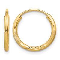 14K Yellow Gold 1.5x 12mm Satin Diamond-cut Endless Tube Hoop Earrings view 1