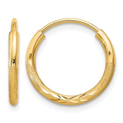 14K Yellow Gold 1.5x 12mm Satin Diamond-cut Endless Tube Hoop Earrings