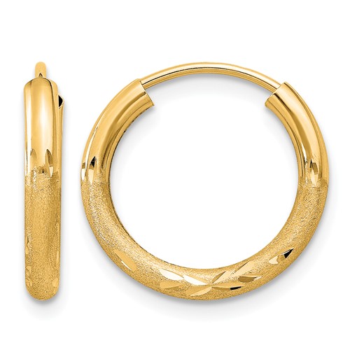 14K Yellow Gold 2x 14mm Satin Diamond-cut Endless Tube Hoop Earrings