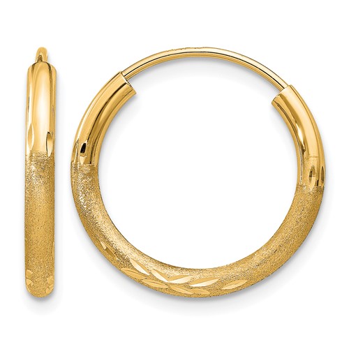 14K Yellow Gold 2x 18mm Satin Diamond-cut Endless Tube Hoop Earrings