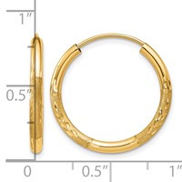 14K Yellow Gold 2x 20mm Satin Diamond-cut Endless Tube Hoop Earrings view 4
