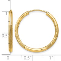 14K Yellow Gold 2x 25mm Satin Diamond-cut Endless Tube Hoop Earrings view 4