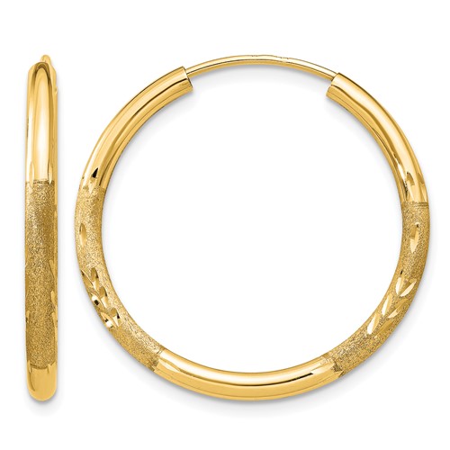 14K Yellow Gold 2x 25mm Satin Diamond-cut Endless Tube Hoop Earrings