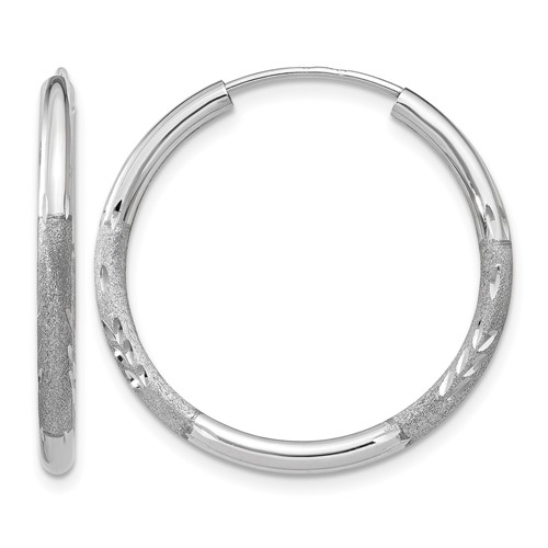 14K White Gold 2x 20mm Satin Diamond-cut Endless Tube Hoop Earrings