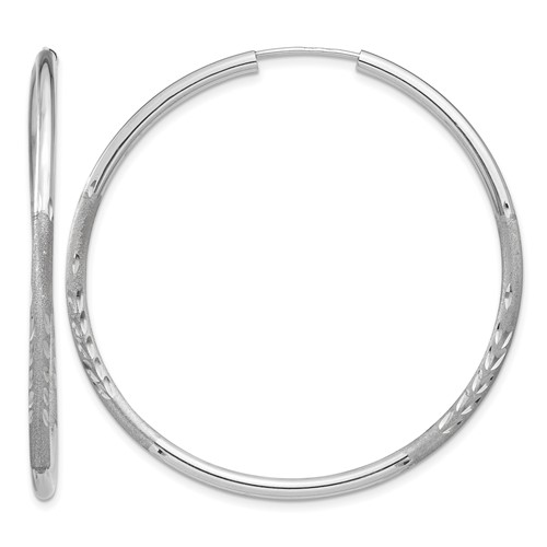 14K White Gold 2x 40mm Satin Diamond-cut Endless Tube Hoop Earrings