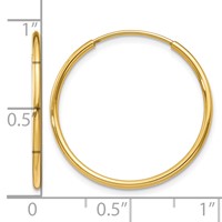 14K Yellow Gold 1.2x25mm Polished Endless Tube Hoop Earrings view 4