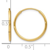14K Yellow Gold 1.2x 20mm Polished Endless Tube Hoop Earrings view 4
