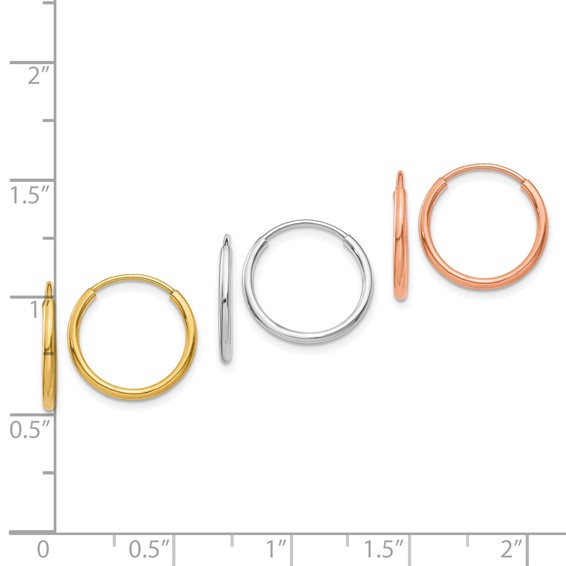 14k Tri-color Polished 3-pair 1.2x14mm Endless Tube Hoop Earring Set