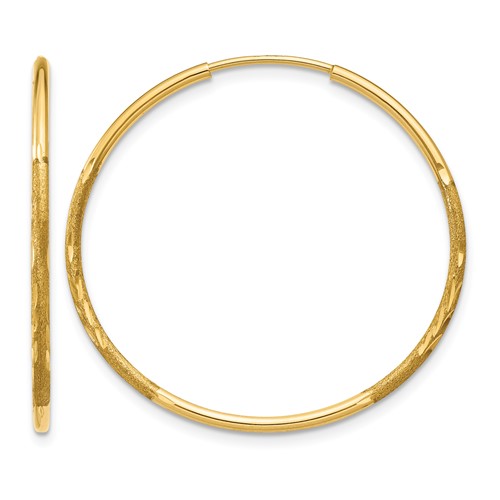 14K Yellow Gold 1.2x 25mm Satin Diamond-cut Endless Tube Hoop Earrings