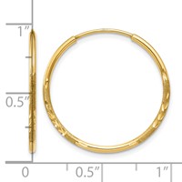14K Yellow Gold 1.2x 20mm Satin Diamond-cut Endless Tube Hoop Earrings view 4