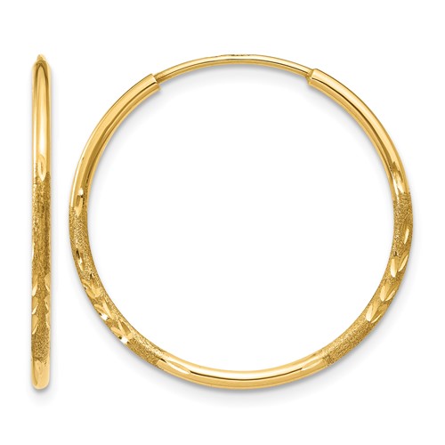 14K Yellow Gold 1.2x 20mm Satin Diamond-cut Endless Tube Hoop Earrings