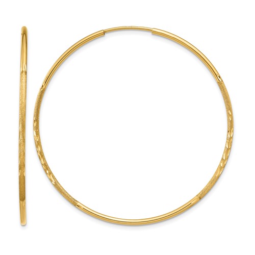 14K Yellow Gold 1.2x 40mm Satin Diamond-cut Endless Tube Hoop Earrings