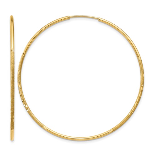 14K Yellow Gold 1.2x 45mm Satin Diamond-cut Endless Tube Hoop Earrings