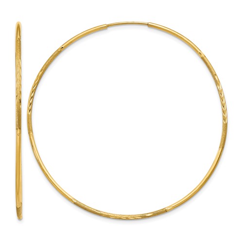 14K Yellow Gold 1.2x 50mm Satin Diamond-cut Endless Tube Hoop Earrings