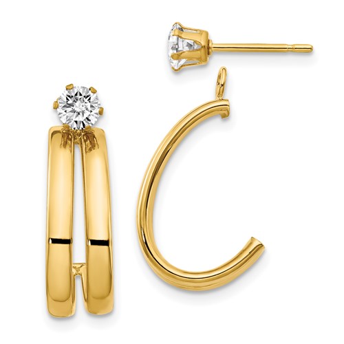 14K Yellow Gold Polished J-Hoop Jackets Earrings with 4mm CZ Stud
