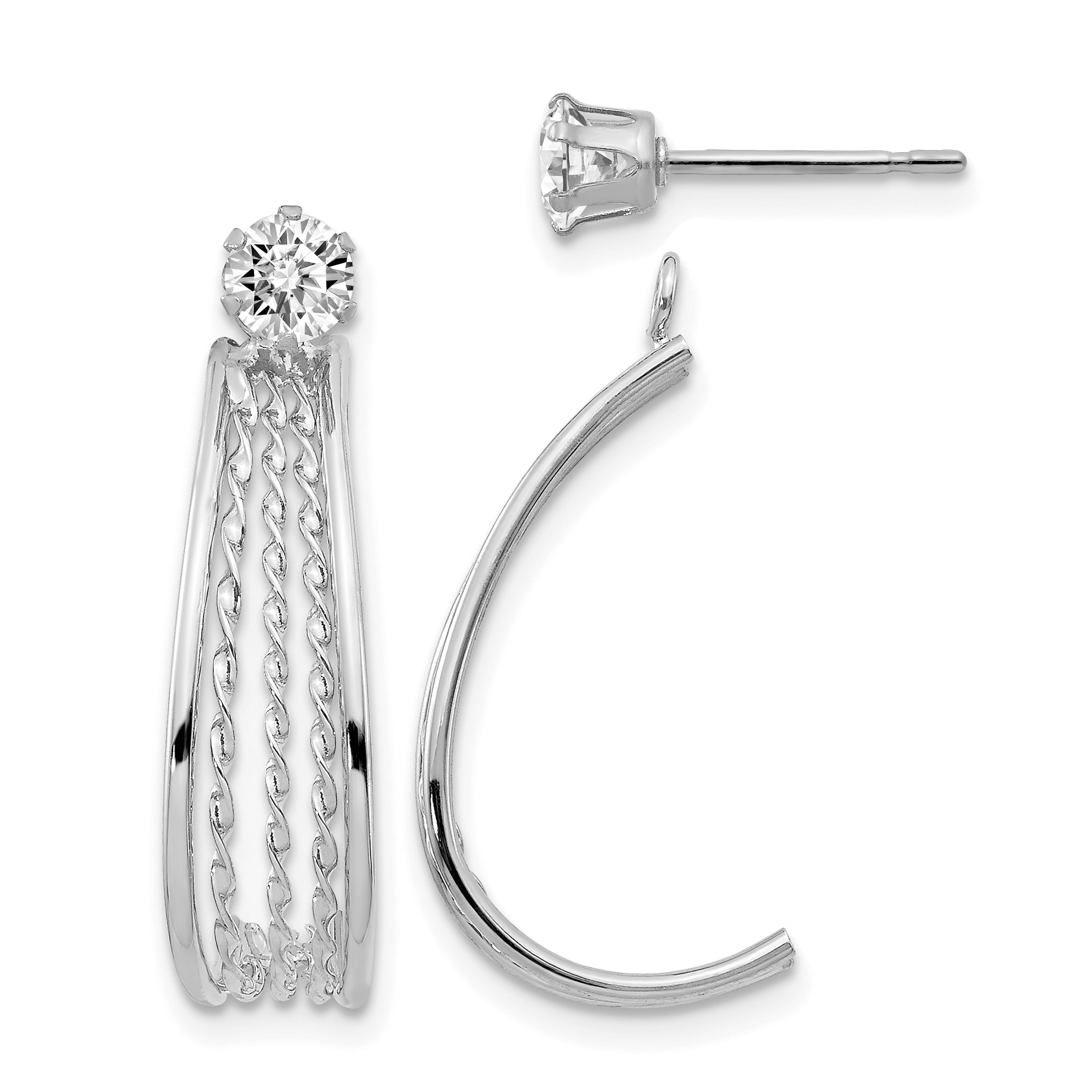 14K White Gold J Hoop Polished w/CZ Stud Earrings (XY1230)