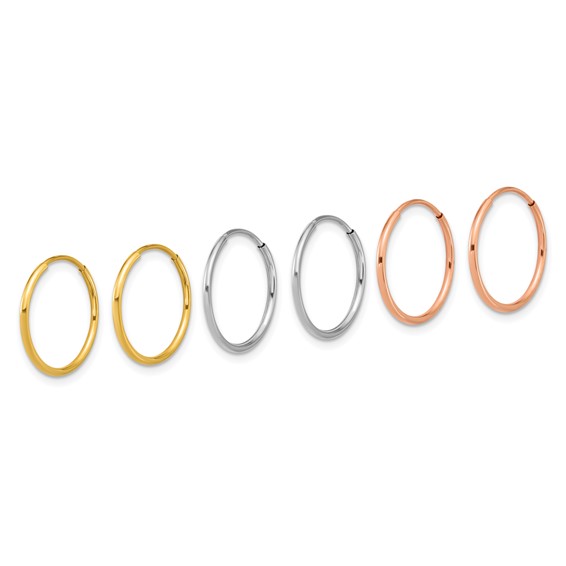 14k Tri-color Polished 3-pair 1.2x16mm Endless Tube Hoop Earring Set