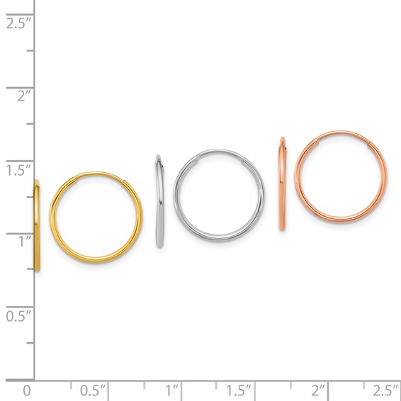 14k Tri-color Polished 3-pair 1.2x16mm Endless Tube Hoop Earring Set