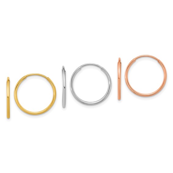 14k Tri-color Polished 3-pair 1.2x16mm Endless Tube Hoop Earring Set