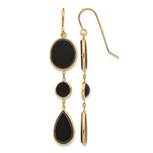 14K Yellow Gold Black Onyx Geometric Dangle French Hook Earrings