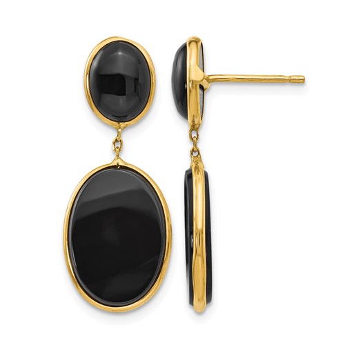 14K Yellow Gold Black Onyx Oval Dangle Post Earrings