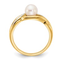 14K Yellow Gold 5-6mm White Freshwater Cultured Pearl and Diamond Ring view 2