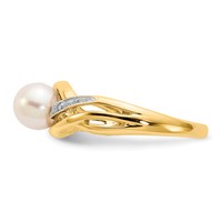 14K Yellow Gold 5-6mm White Freshwater Cultured Pearl and Diamond Ring view 4