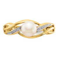 14K Yellow Gold 5-6mm White Freshwater Cultured Pearl and Diamond Ring view 5
