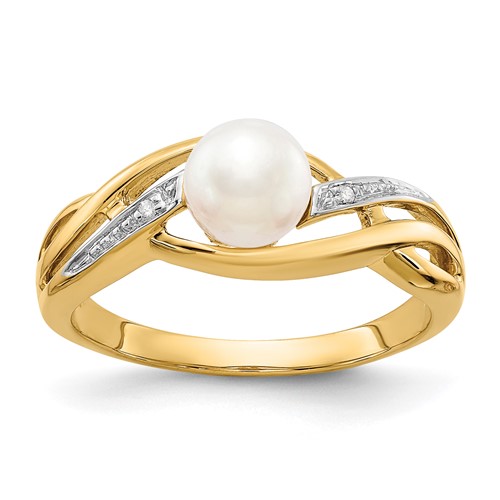 14K Yellow Gold 5-6mm White Freshwater Cultured Pearl and Diamond Ring